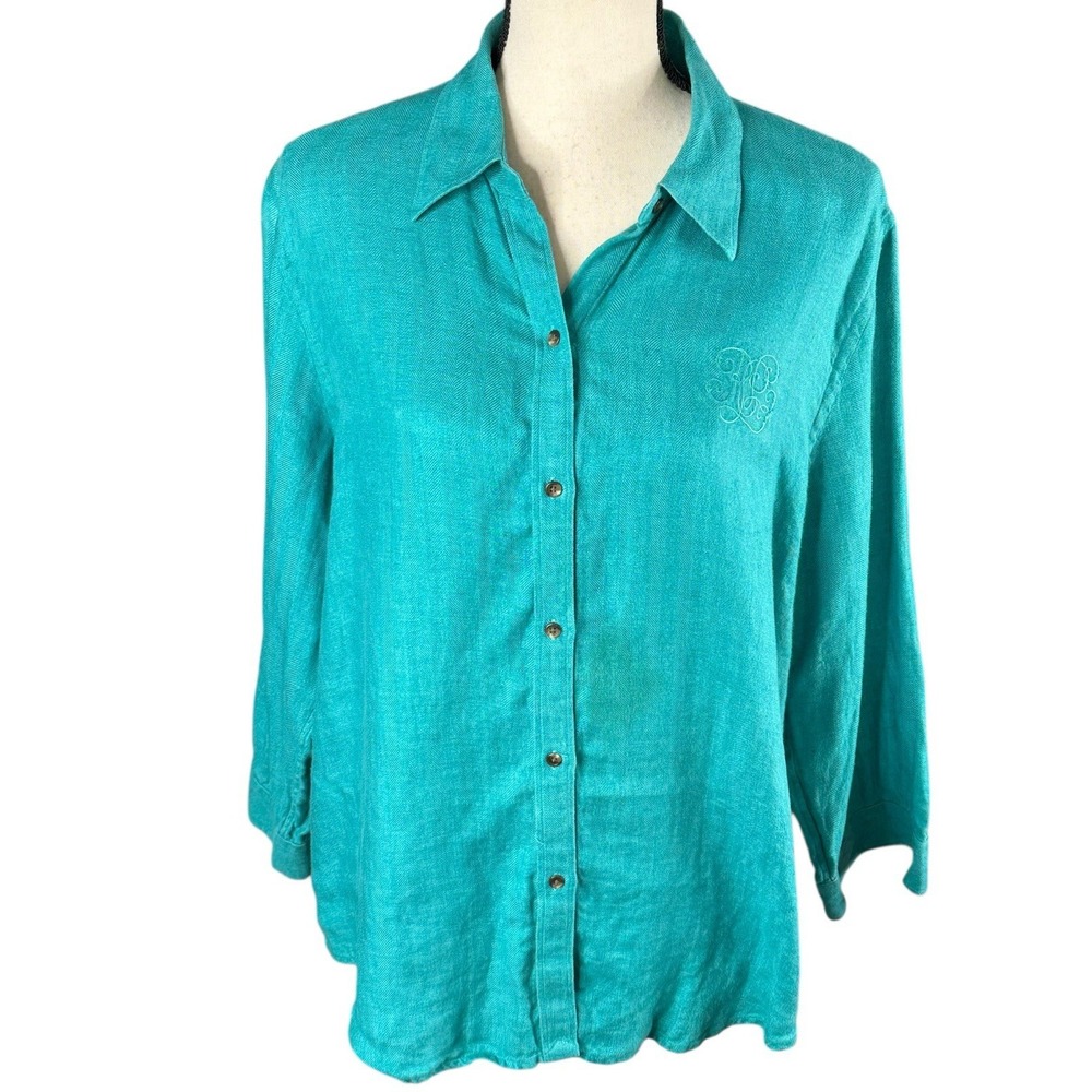 Lauren Ralph Lauren Women's XL Turquoise Linen Shirt 3/4 Sleeve Button Up